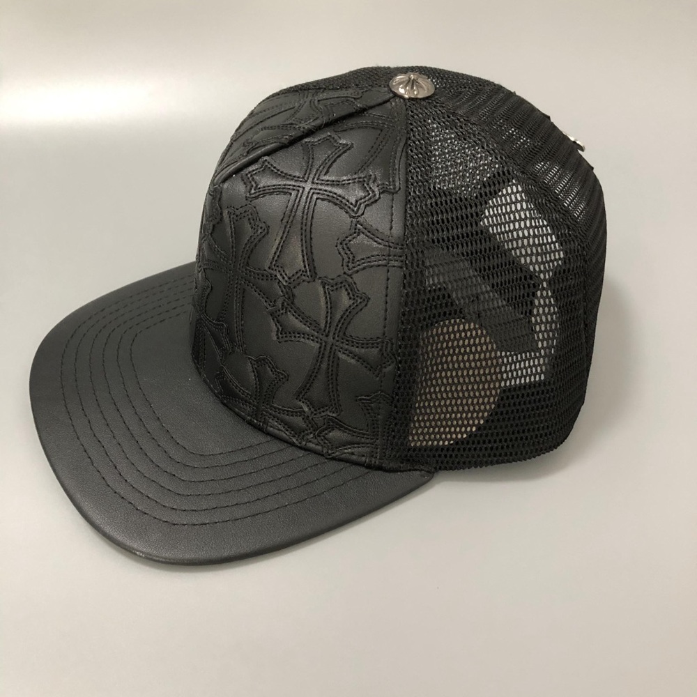 Chrome Hearts Black Trucker Hat with Leather Cross Logo Baseball Cap Women Men - Picture 4 of 14